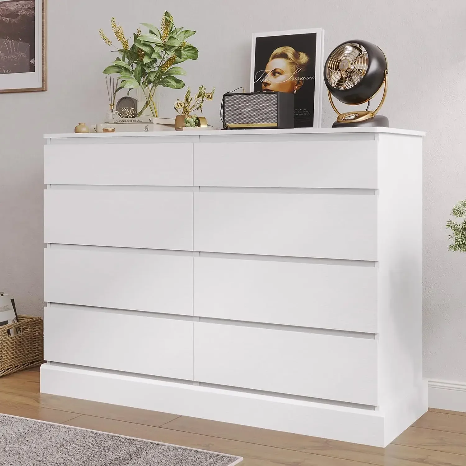 White Dresser for Bedroom Long 8 Drawer Wooden Chest Large Capacity Storage Organizer for Clothing