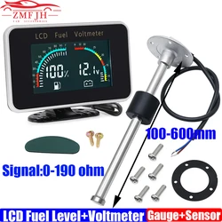 LCD Dual Gauge 0-190 OHM Fuel Level Meter+Voltage with Oil Fuel Float Level Sensor 100-600mm for Gasoline Diesel Car 12V 24V
