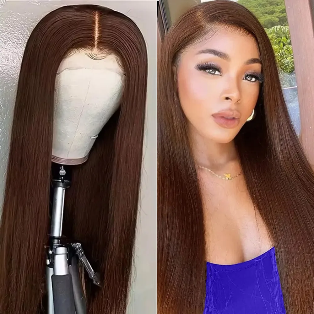 

# Коричневый парик из натуральных человеческих волос 13x6 HD Lace Frontal, прямой, предварительно прорезанный, бразильский, 200% плотность, цвет 4 Chocolate Brown