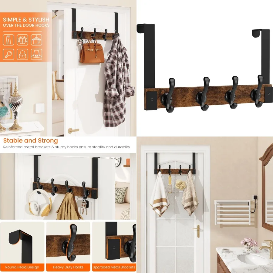 

Сверхмощный деревянный крючок над дверью с коричневой черной отделкой в деревенском стиле, идеально подходит для организации полотенец, одежды, шляп и сумок в б.