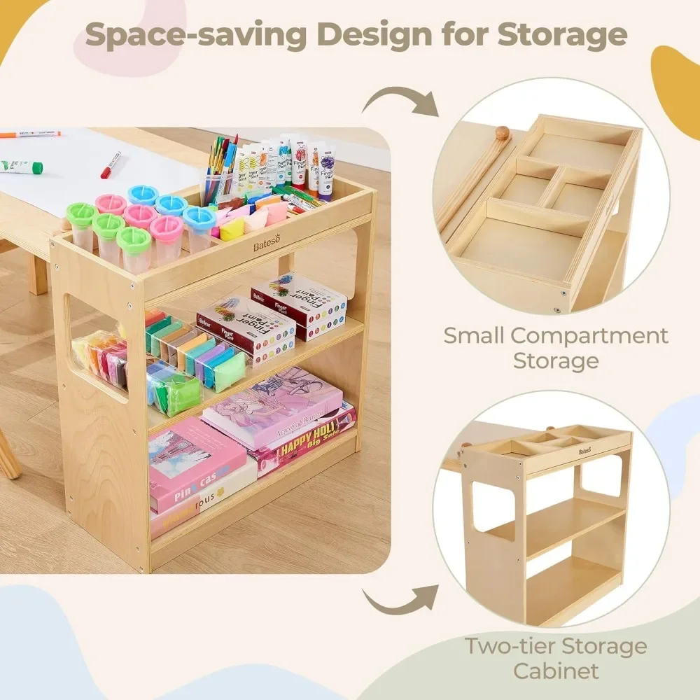 Set tavolo artistico per bambini e 2 sedie con rotolo di carta e portaoggetti, tavolo artigianale per bambini in legno per disegnare, apprendimento e leggere, per bambini