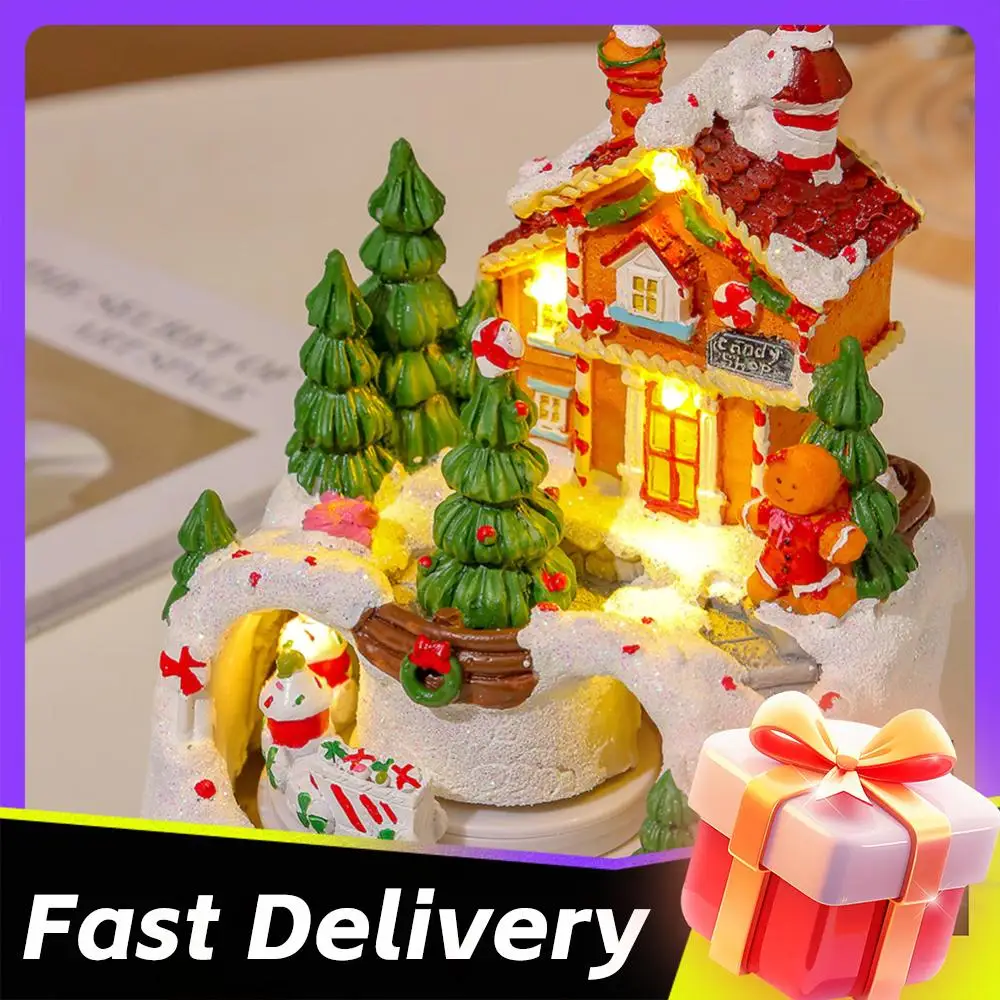 

Christmas Music Box Snow House Ornaments with LED Light Resin Rotating Music Figurines Home Christmas Decorations Holiday Gift