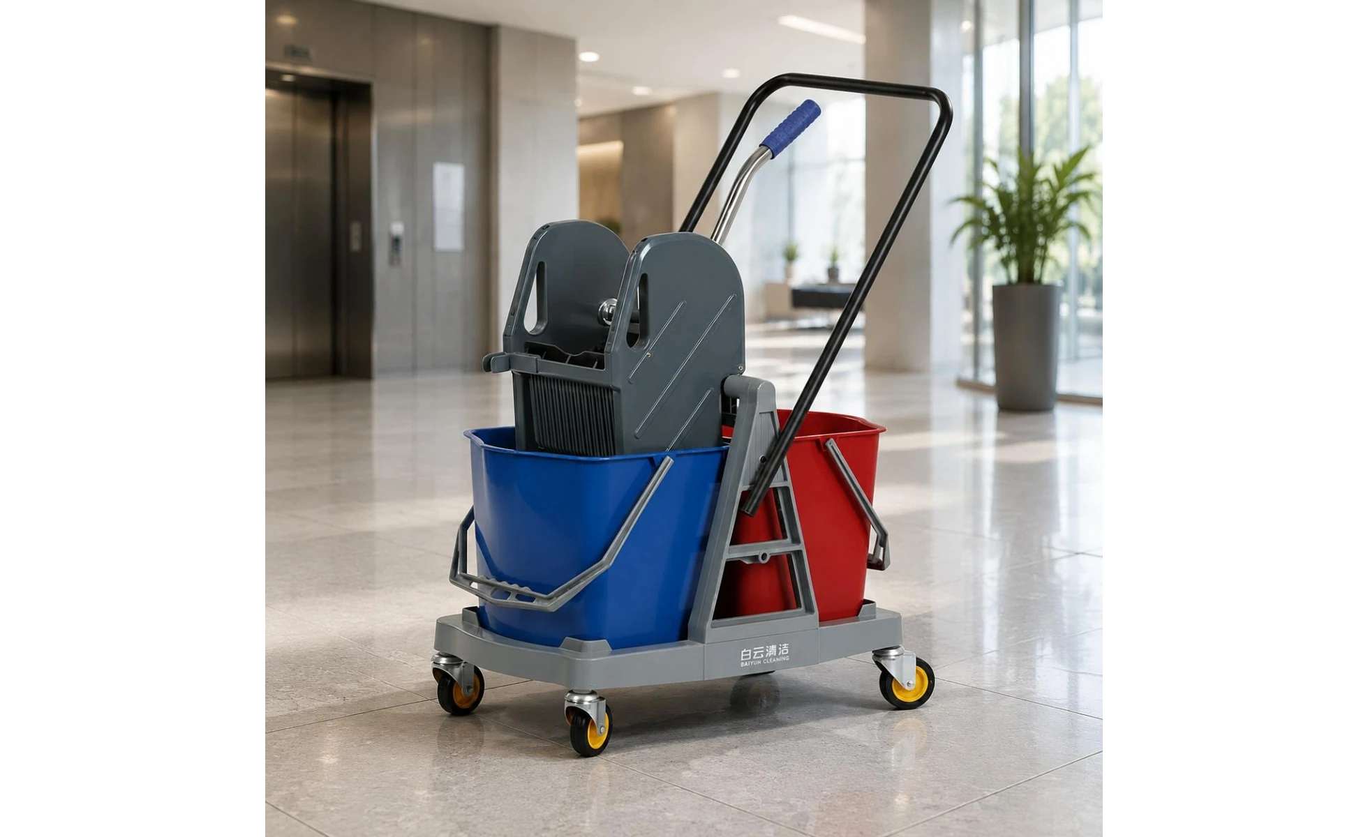 34 Liters Double Bucket Mop Trolley Easy to Move Dual Bucket Wringer Trolley Cleaning Equipment Sturdy Plastic Body for Hotel