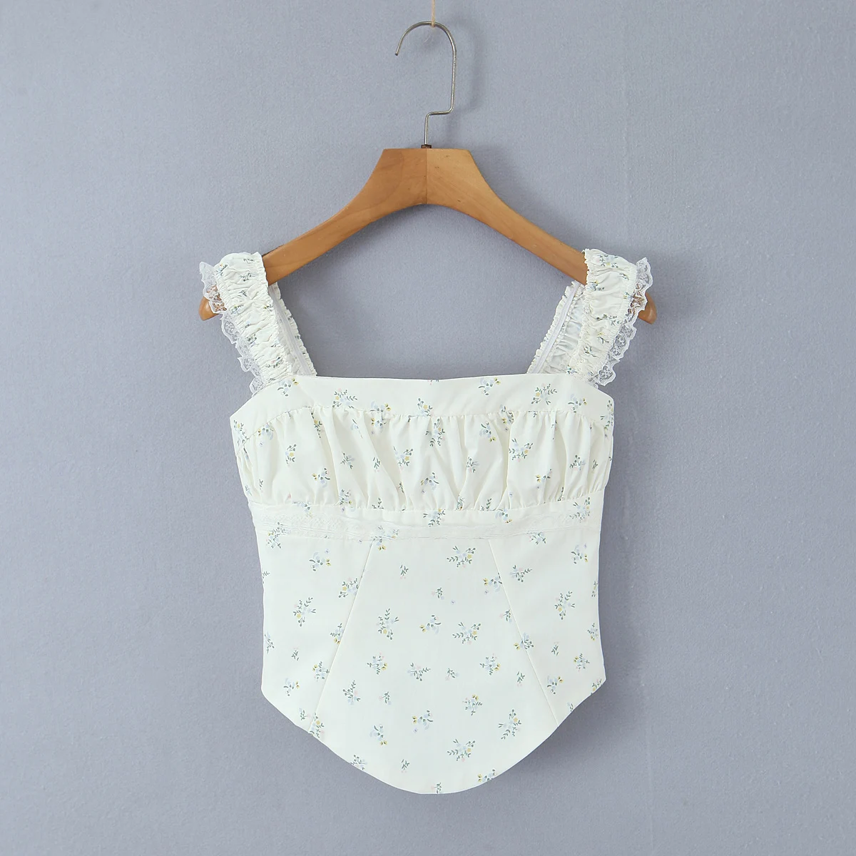 Retro French Style Floral Print Ruched Chest Spliced Lace Strap Tank Women Summer Elastic Back Camisole Girl Sexy Slim Crop Top