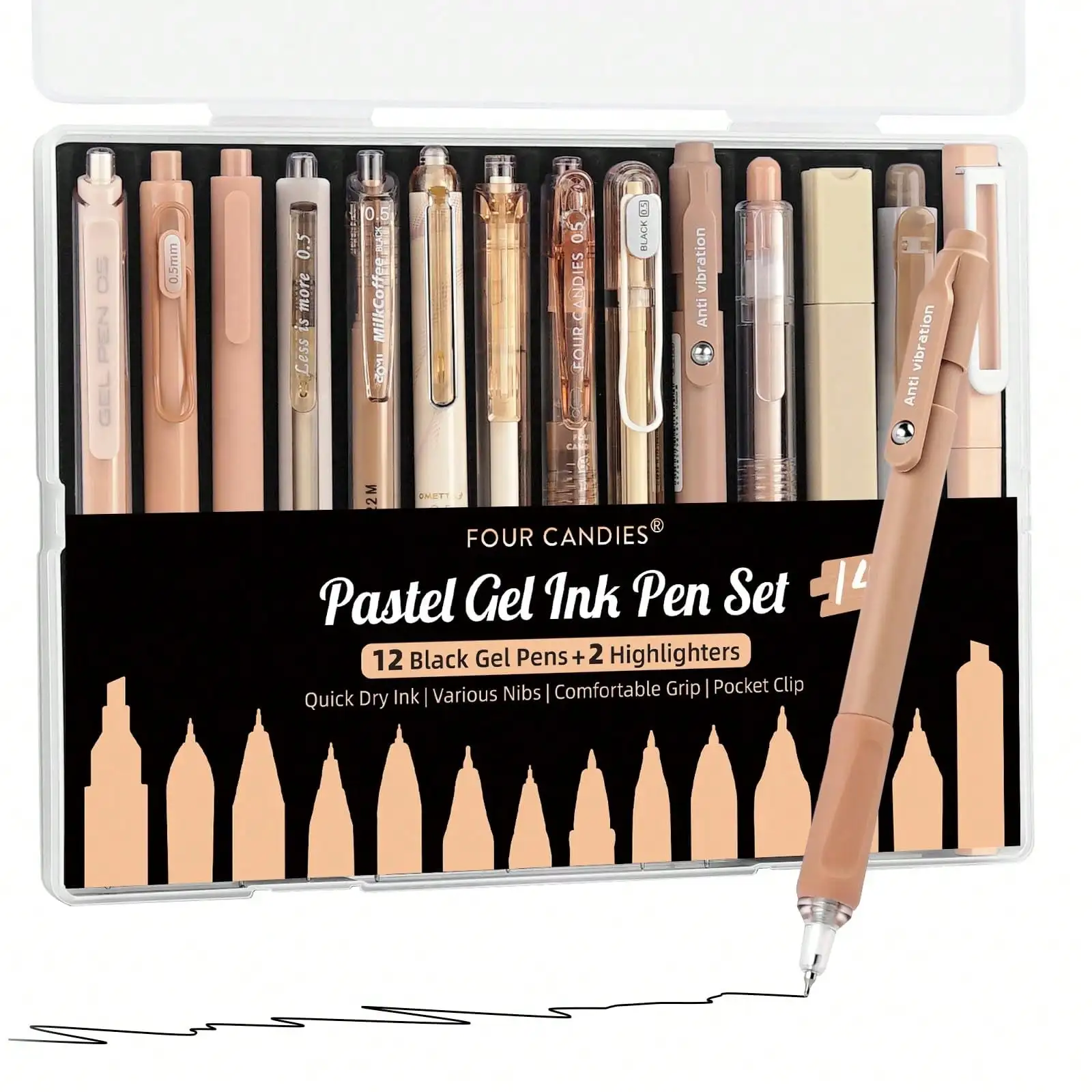 

Набор гелевых ручек из 14 шт. (с футляром) — выдвижной 0,5 мм (12 черных + 2 маркера), для студентов/офисных заметок