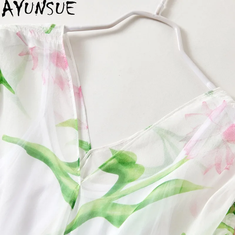 AYUNSUE 100% Silk Tops for Woman Stylish Short Sleeve Women's Blouses V-neck Printed Top Summer Clothes Woman 2026 Ropa Mujer