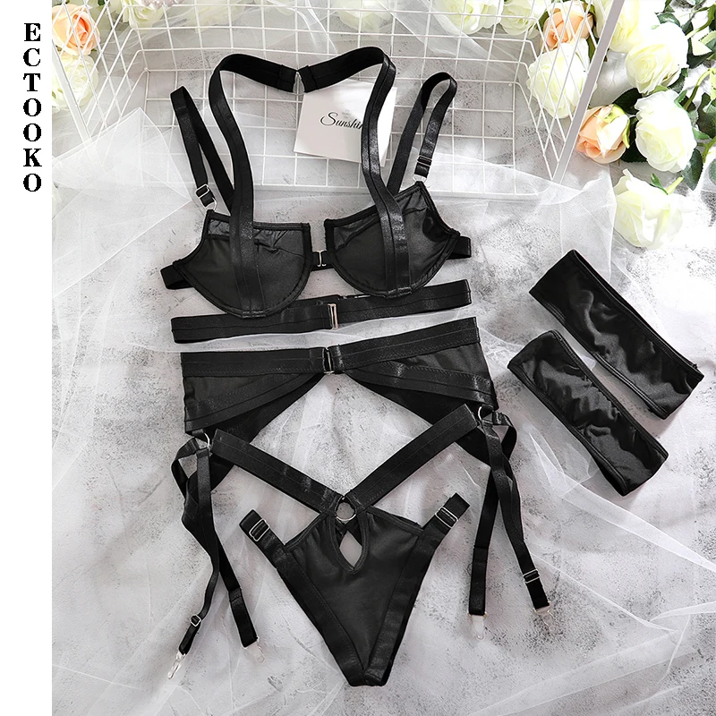 ECTOOKO 2022 Sexy Goth Women\'s Underwear Lingerie Hollow Out Black Exotic Brief 3 Piece Sets Setup Ladies Underwire Billzna Set