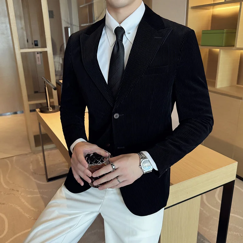 Korean Solid Color Suit Jackets Men\'s Corduroy Striped Blazers Autumn Winter Casual Business Wedding Groom Dress Coats M-4XL