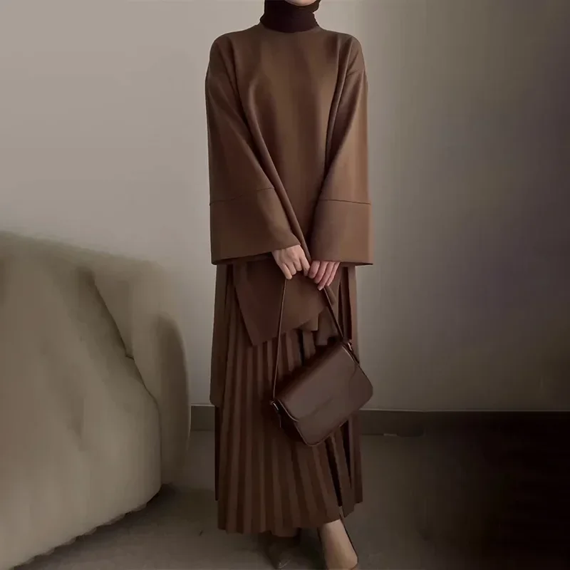 Autumn Women\'s Casual Skirt Set Camel Solid O-neck Flare Sleeves Loose Top Retro Temperament Folds Long Skirts Suit For Female