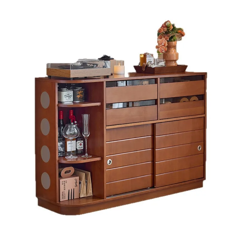 Medieval solid wood dining side cabinet integrated storage cabinet the wall, living room home retro large-capacity coffee locker