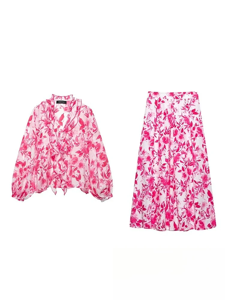 

KONDALA повседневный женский костюм с розовым принтом и v-образным вырезом, многослойная свободная блузка на молнии, длинная прямая юбка, модные весенние праздничные комплекты 2025 года