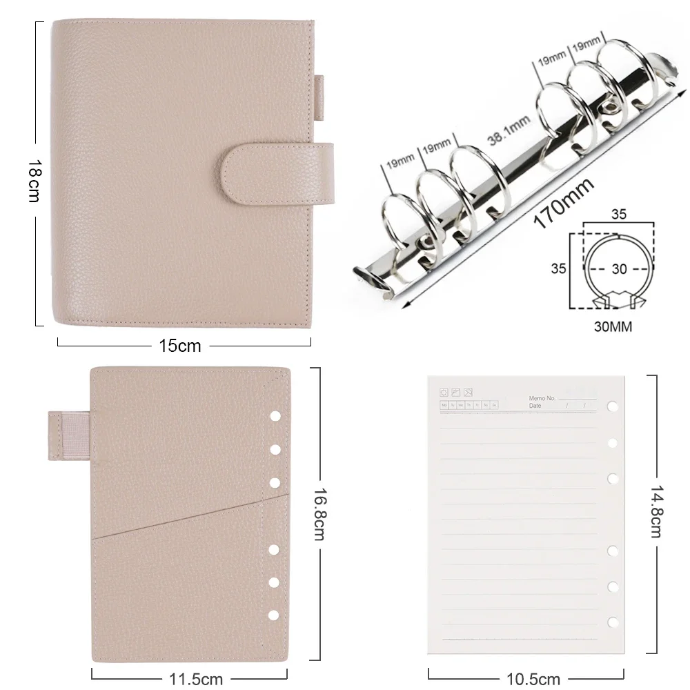 Moterm Luxe-planificador de anillos de tamaño A6, carpeta de anillas de 30 MM, cuaderno de cuero de grano auténtico, organizador de Agenda diaria,