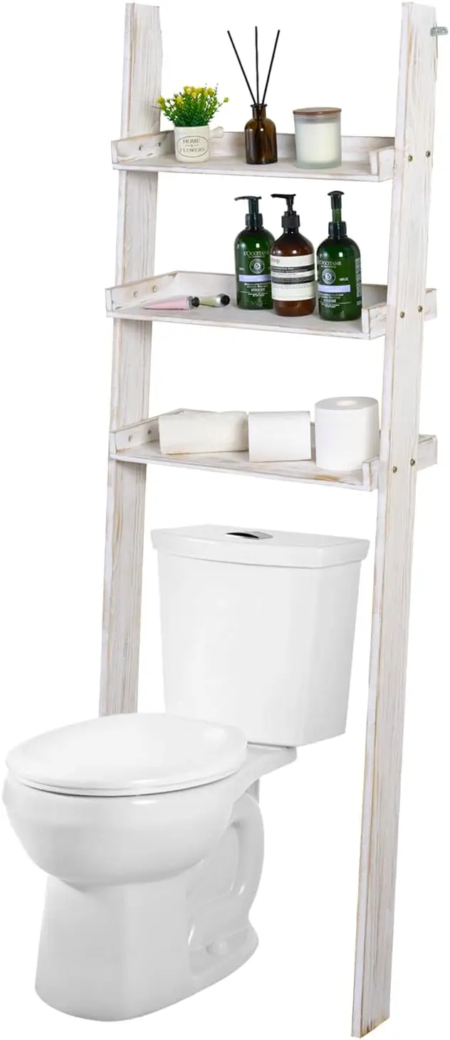 

5.5 Foot Tall Over The Toilet Ladder Shelf, 3 Tier Decorative Leaning Ladder Shelf, Bathroom Organizer Storage Shelf Rack Sta