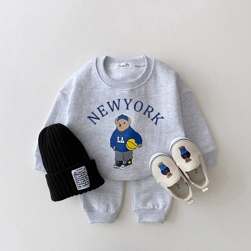 Ins Autumn Infant Baby Boys Girls 2PCS Clothes Set Bear Long Sleeve  Thick Tops  Pants Suit Toddler Boys Outfits Newborn Baby