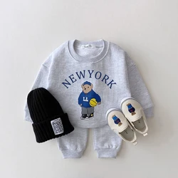 Korea 2024 Baby Boys Clothes Sets Kids Letter Bear Printed Long Sleeve Sweatshirt + Jogger Pants Set Baby Girls Sports Suit New