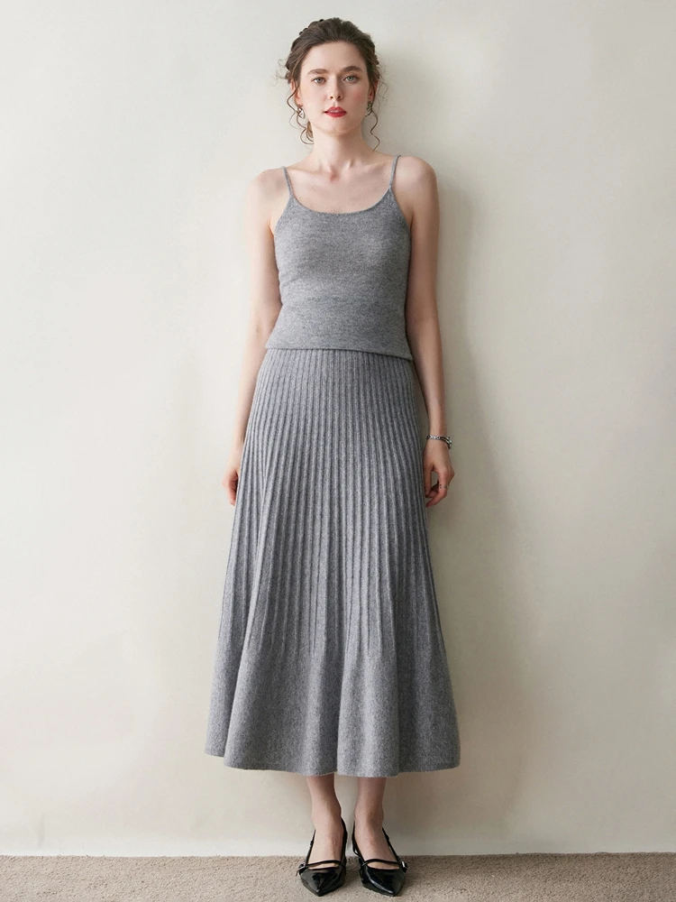 

New Arrivals Women Cashmere A-line Skirt Elastic Waist Pleated Skirt 100% Cashmere Knitted Autumn Winter Thin Office Lady Dress