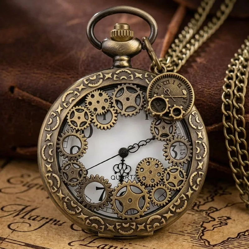 Retro Mechanical Style Gear Quartz Flip Pendant Pocket Watch Embossed Hollow Out Large Number Creative Gift Pocket Watch