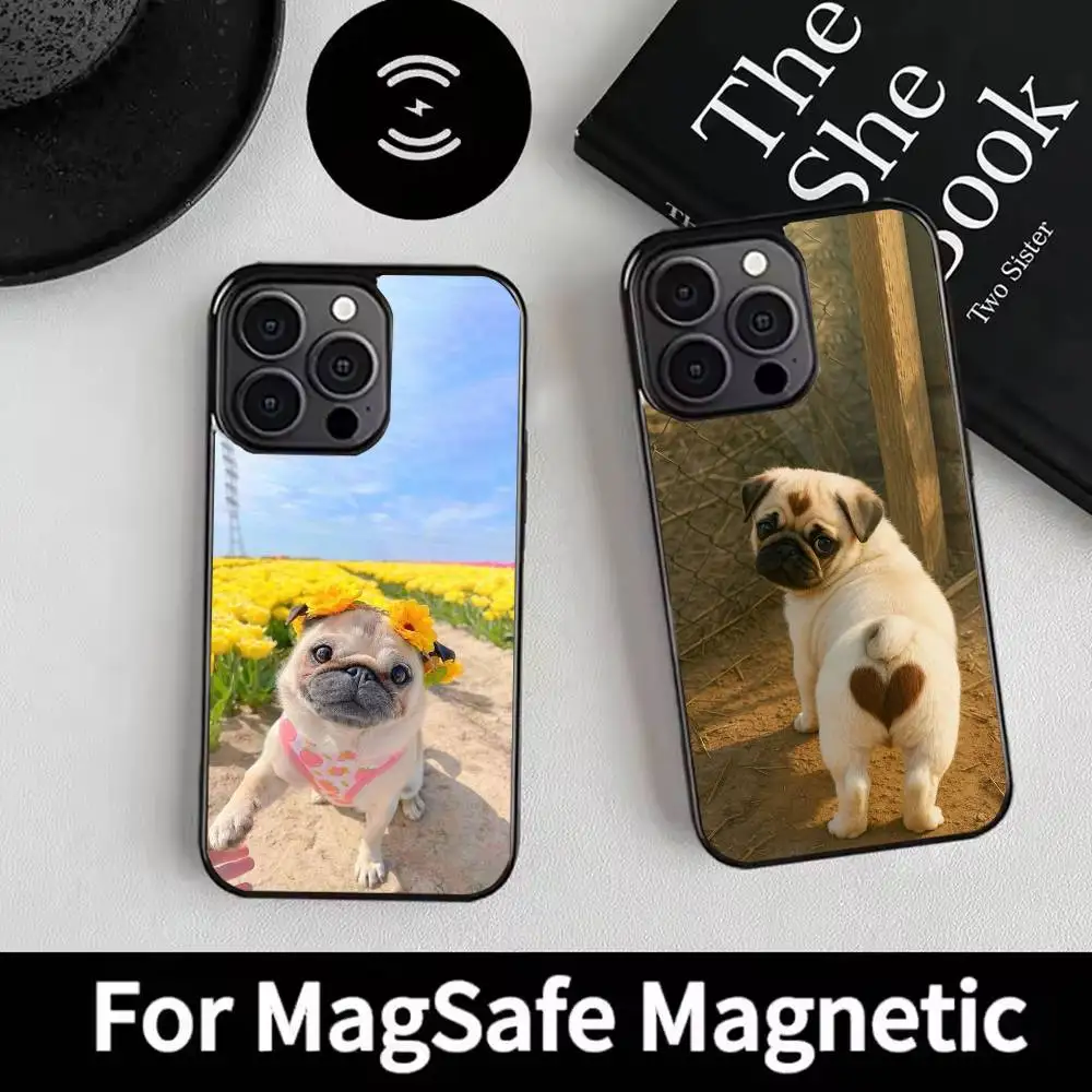 

Cute Pet Pug Phone Case For iPhone 17 16 15 14 13 12 Pro Max Plus for Magsafe Mirror Wireless Magnetic Cover