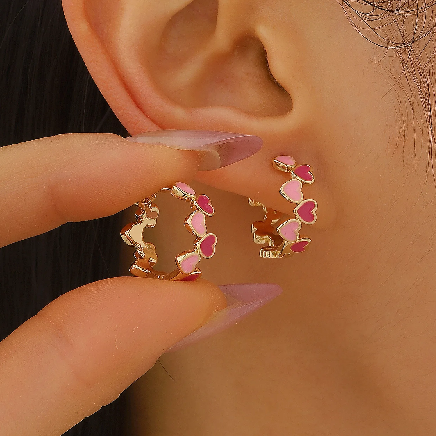 

Colorful Enamel Heart Earrings Trendy Sweet Cool Copper Texture Ear Cuffs Minimalist Spring Summer Cute Girls Fashion Jewelry