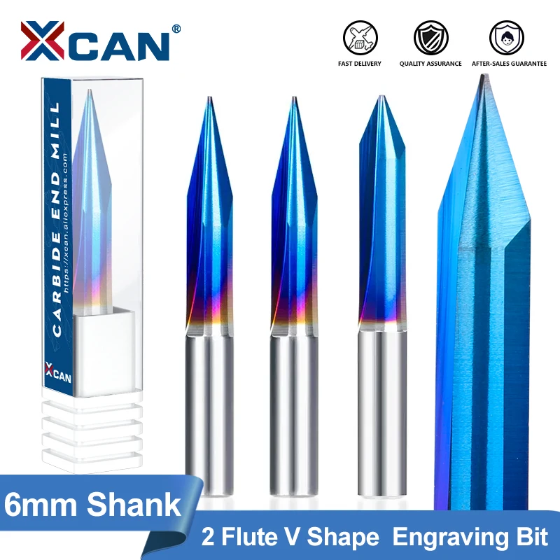 XCAN Engraving Bit 6mm Shank 2 Flute Milling Cutter for Woodworking Carbide End Mill 15-30 Degree CNC Milling Tool Router Bit