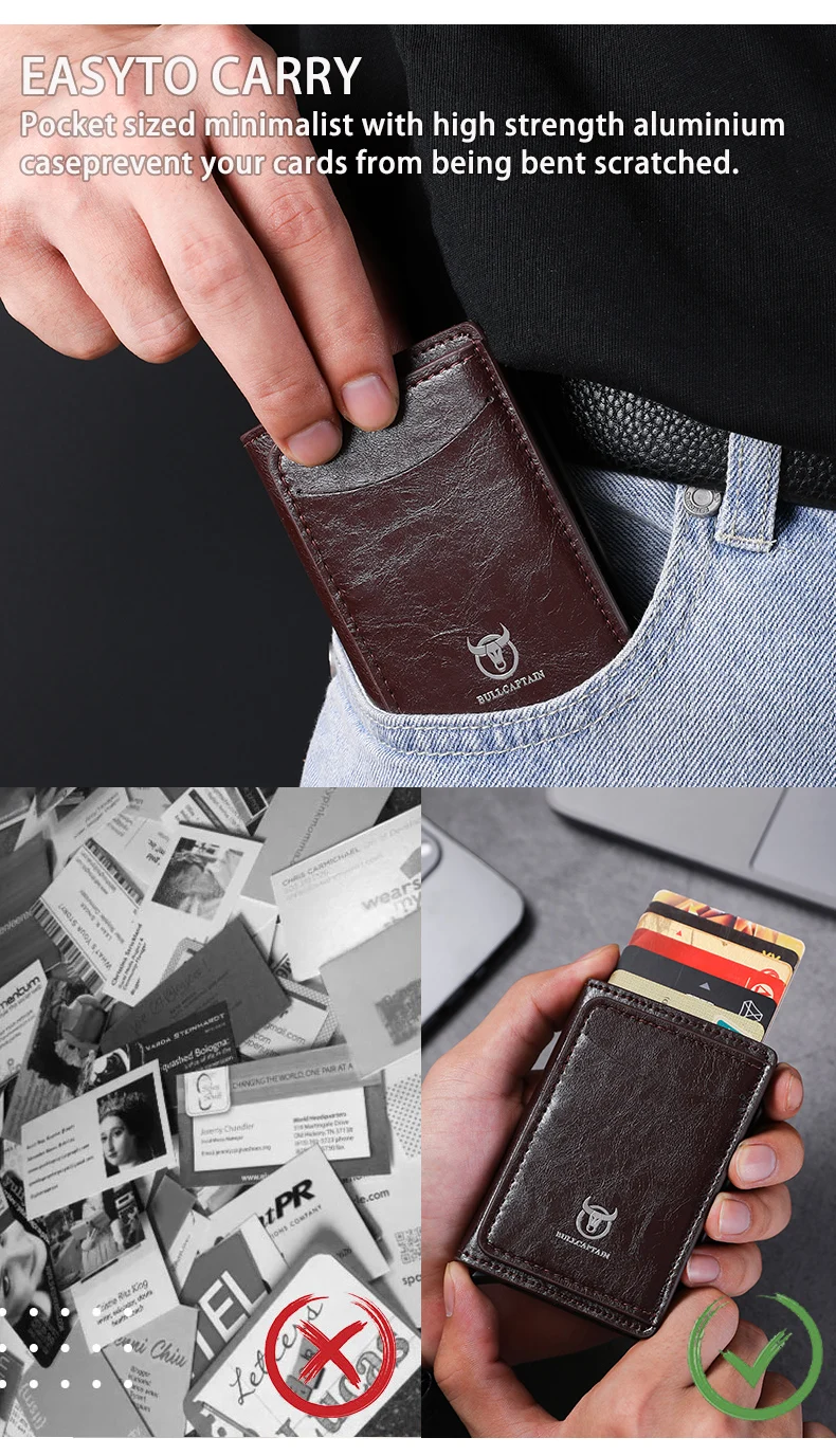Bullcaptain Credit Card Holder Men Wallet RFID Blocking Protected Aluminium Box Leather Wallets with Money Clip Card Holder