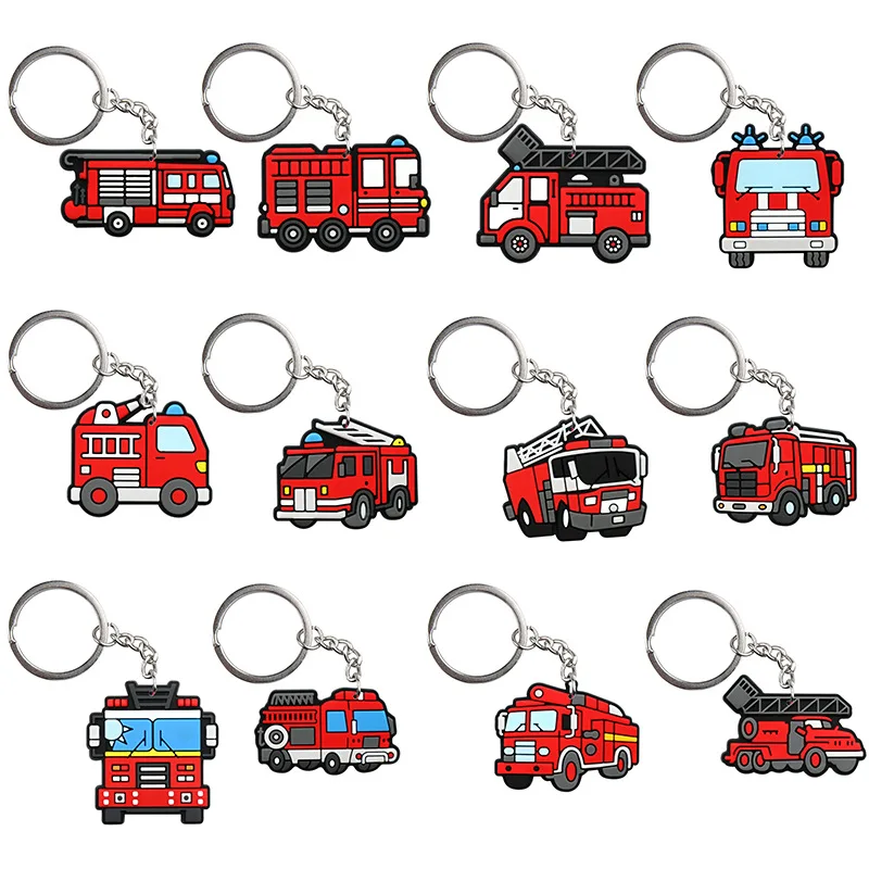 Llaveros de PVC para camión con motor de bomberos de dibujos animados, mochila de bombero, juguetes colgantes para niños, recuerdos de fiesta de cumpleaños, rellenos de piñata, 12 Uds.