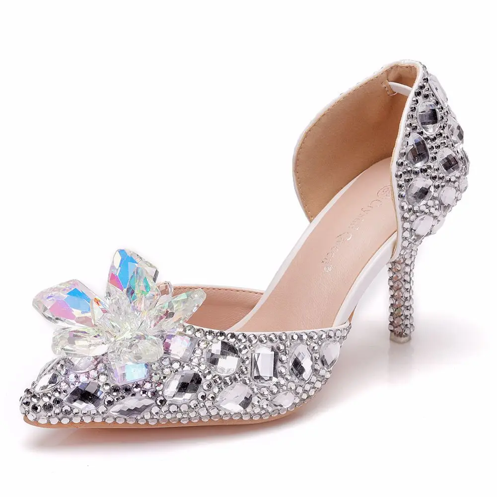 Fashion Pointed Toe Pumps Sandals Elegant Crystal PU 7.5CM Thin Heels Princess  Slingback Casual Woman Shoes Dress White image 4