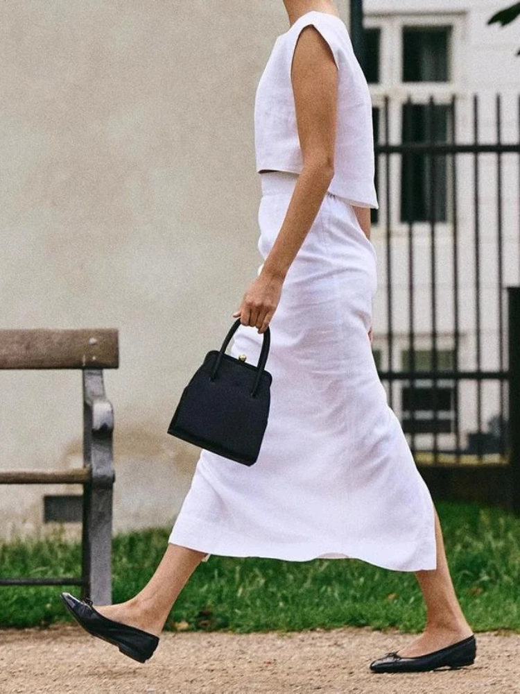 Rompi Linen Katun Musim Panas Baru Rok Setengah Atasan Tanpa Lengan Set 2 Potong Rompi Pendek Chic Wanita Set Kasual Setelan Rok Panjang Terpisah