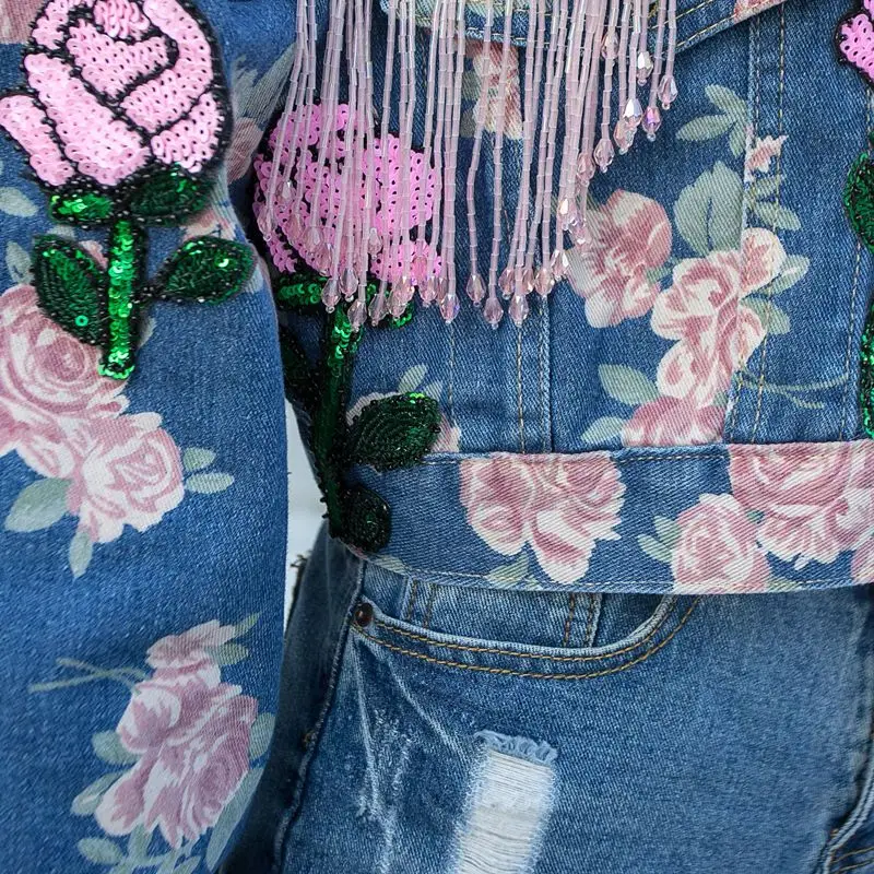 Luxury Floral Printing Fringed Denim Coat Dyeing Flowers Embroidery Tassels Jean Bomber Jacket Sequined High Waist Cardigan Tops