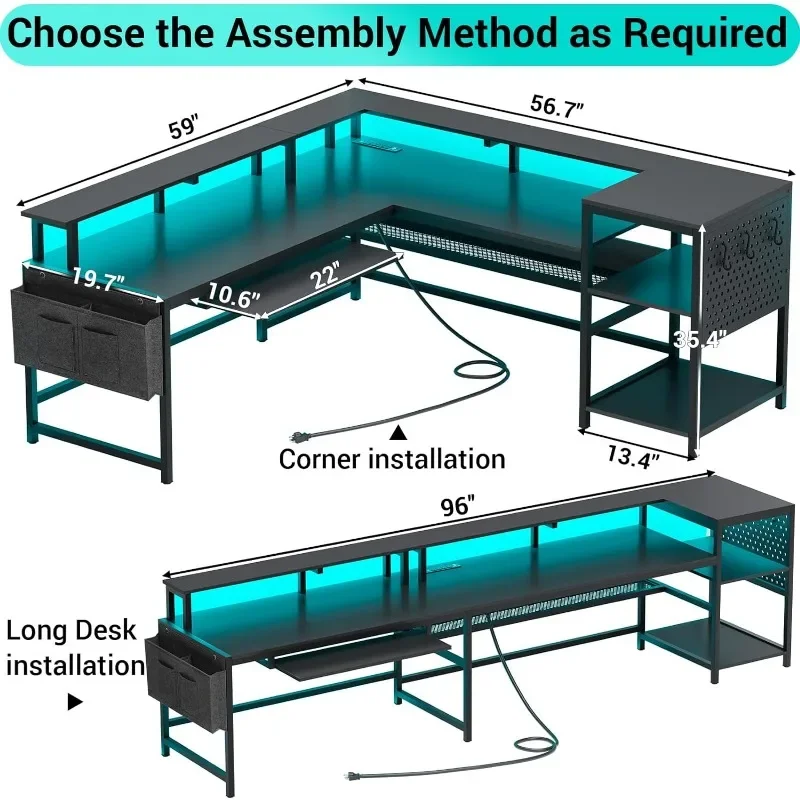 L Shaped Gaming Desk, Reversible Computer Desk, Gaming Desk with Power Outlets & LED Strip, Monitor Shelf, Keyboard