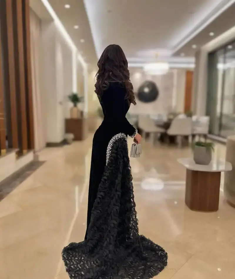 Jirocum Luxury Black High-Neck Prom Dress Velvet Sequined Ruffle Long-Sleeve Trailing Gowns Formal Gala Upscale Evening Dresses