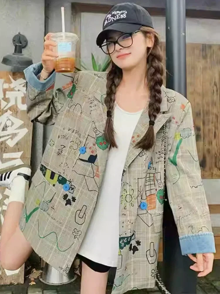 High Street Y2K Design Graffiti Plaid Blazer Jacket Loose Tailored Coat Women Casual Funny Cartoon Clothes Harajuku New Autumn