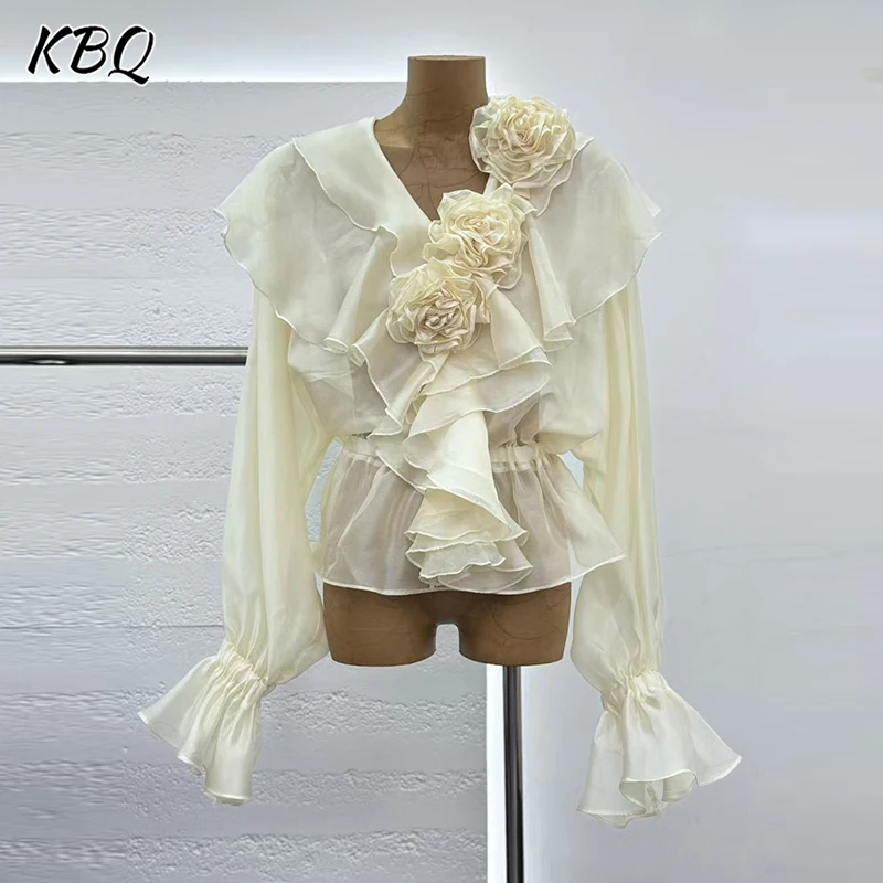 

KBQ Свободная однотонная повседневная блузка с оборками для женщин, минималистичная рубашка с v-образным вырезом и длинными рукавами, женская модная Stye
