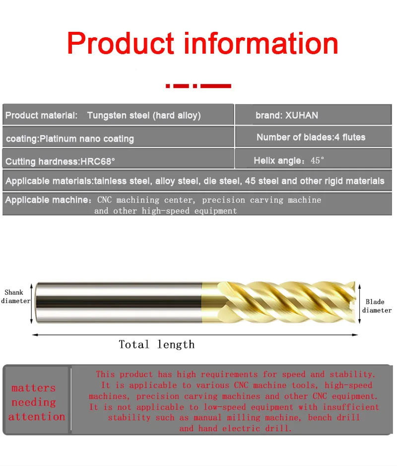 4-Schneiden HRC68 Hartmetall-Schaftfräser aus Wolframstahl, Fräser, CNC-Schneidwerkzeuge für Edelstahl und Titanstahl – Detail 5