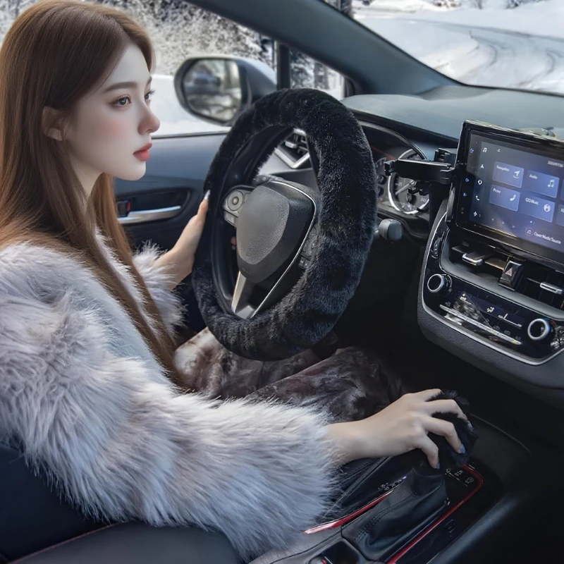 Winter plush warm black steering wheel cover without inner ring, anti-slip soft and comfortable, thickened plush handlebar cover