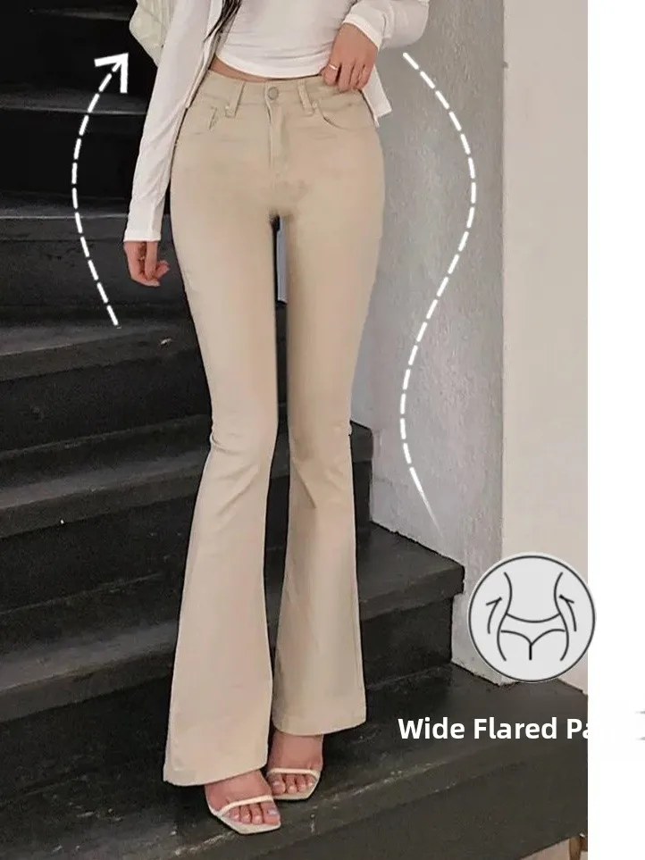 

High Waist Flared Jeans Women's Sli Korean High Elastici Slim Fit Butt Lifting Khaki And White Color Long Legged Pants