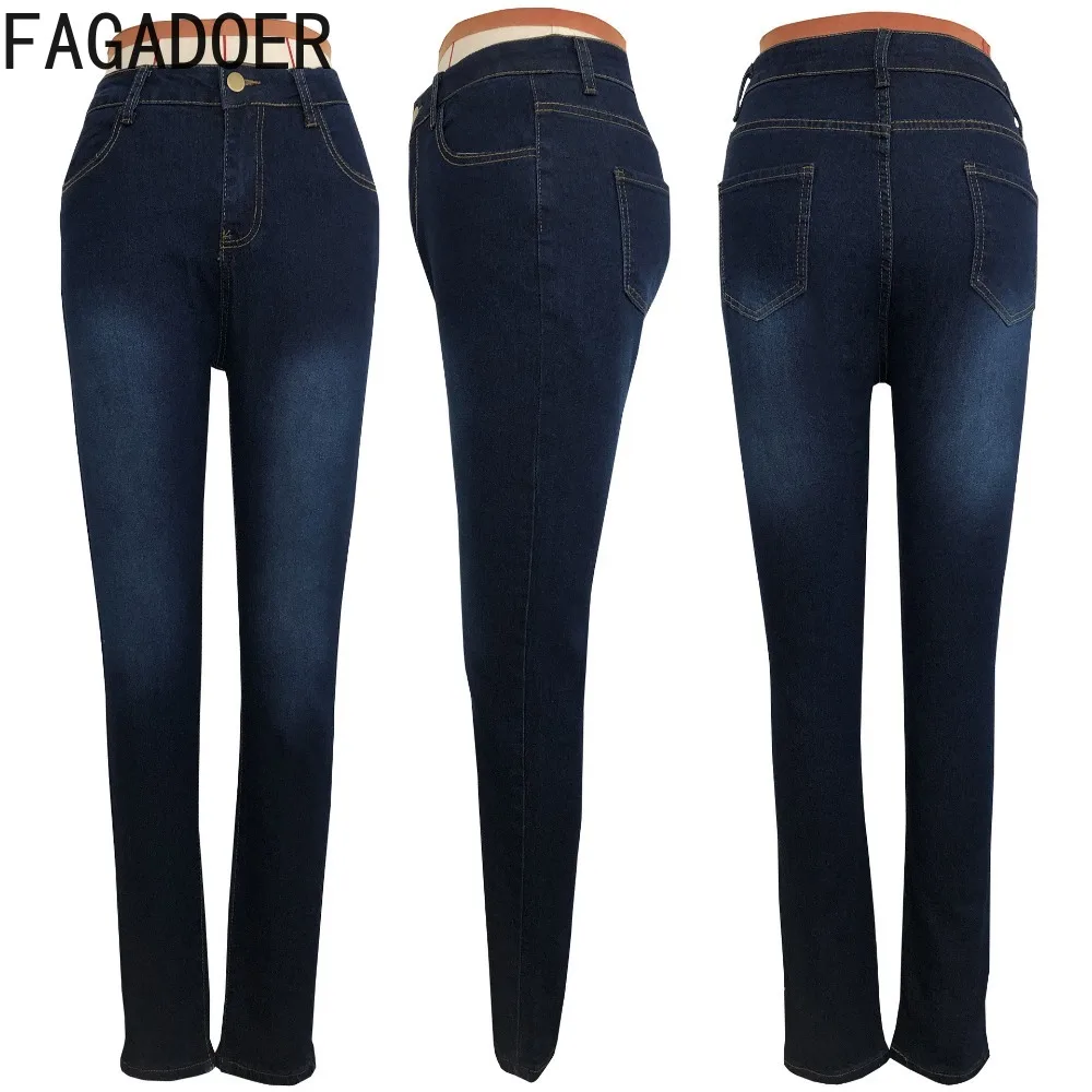 FAGADOER Blue Fashion High Elastic Skinny Jean Pencil Pants Women High Waisted Button Pocket Denim Denim Trousers Female Bottoms