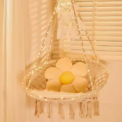 LED Macrame Hammock Hanging Swinging Chair, Indoor Outdoor Hanging Chair with 472 LED String for Bedroom, Patio, Deck, Yard, an