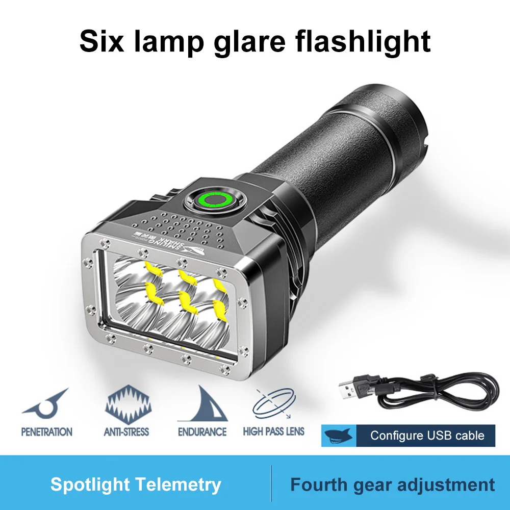 6 LED Flashlight Rechargeable Camping Lamp Work Light High Brightness Torch with Power Display Outdoor Waterproof Emergency Lamp