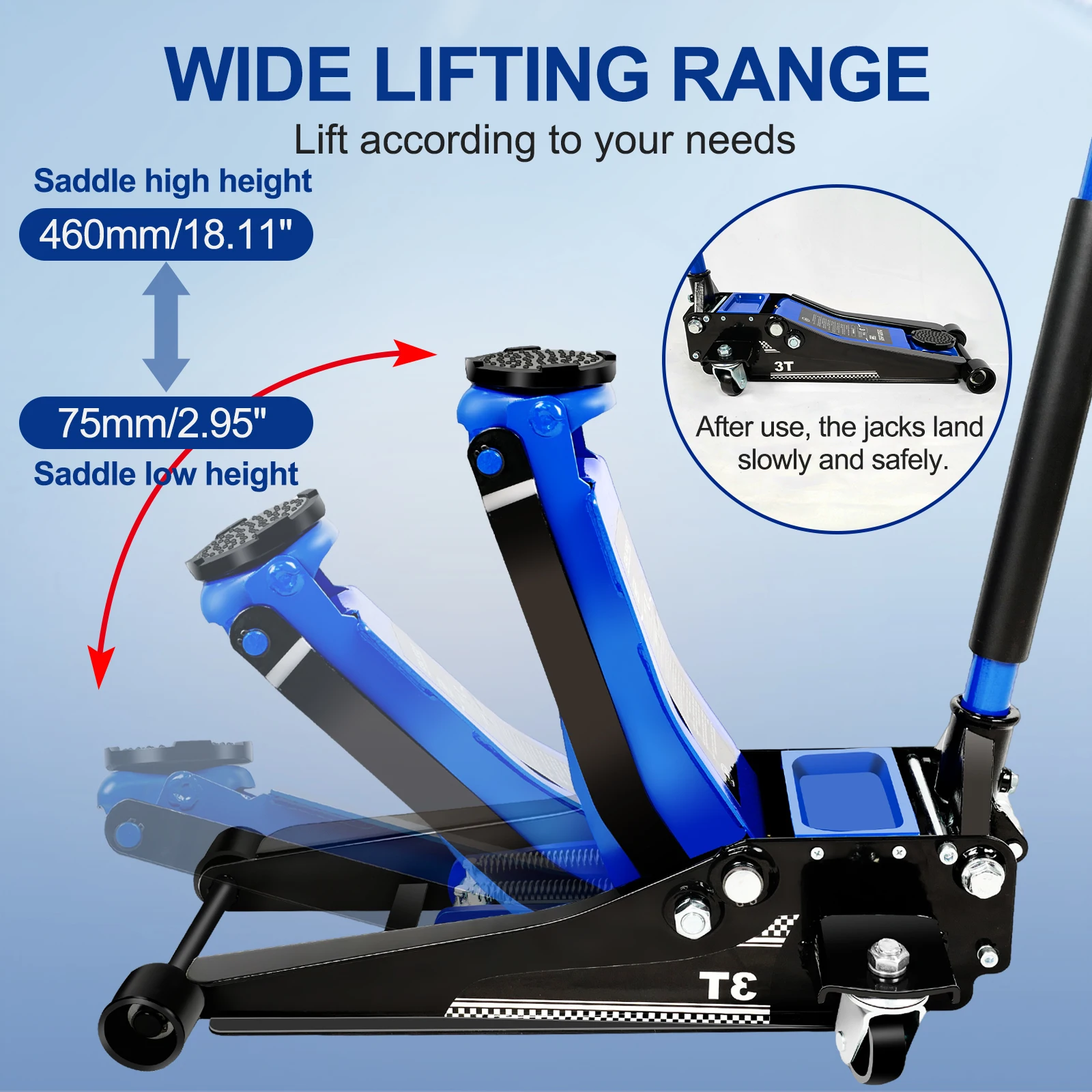 

Floor Jack,3Ton/6600lbs Low Profile Floor Jack,dual Piston Quick Lift Pump,Lifting Range 75mm/2.95"-460mm/18.11",Blue