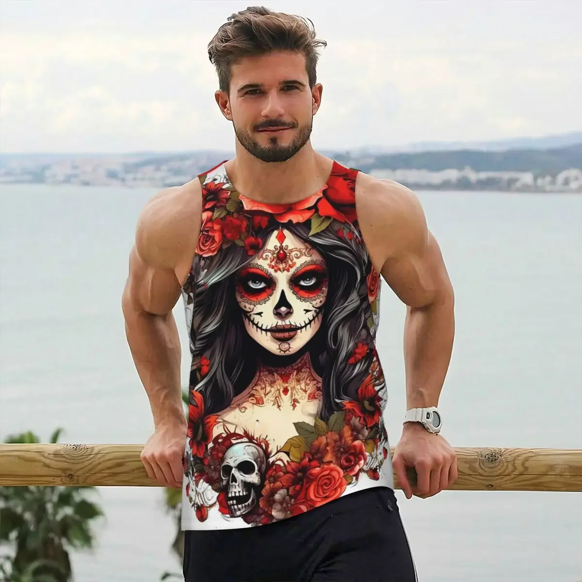 Mexican Catrina Girl Day Of The Dead Sugar Skull Gym Tank Bodybuilding Vest Fitness Sleeveless Tops Quick Dry Sports Clothing