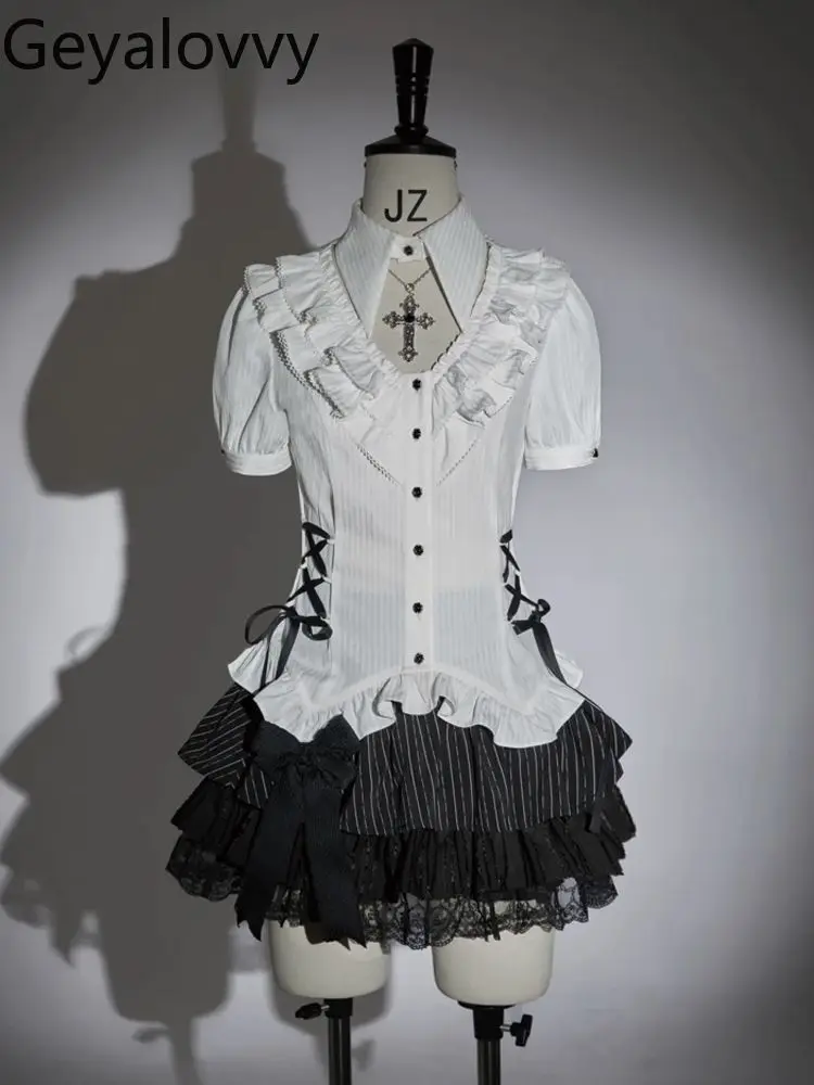 

Комплекты из двух предметов в японском стиле, женские наряды, винтажная готическая рубашка для девочек с острым воротником и рюшами, облегающий комплект с полосатой юбкой