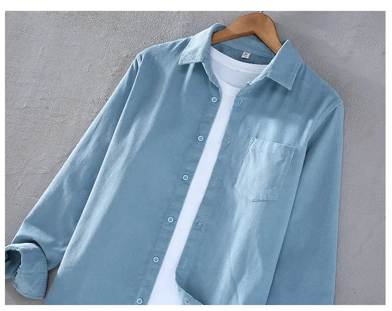 

Autumn Simple Long Sleeve Mens Shirts Harajuku Corduroy Vintage Shirt Lapel 100% Cotton Button Up Shirt Men Daily Casual Shirts