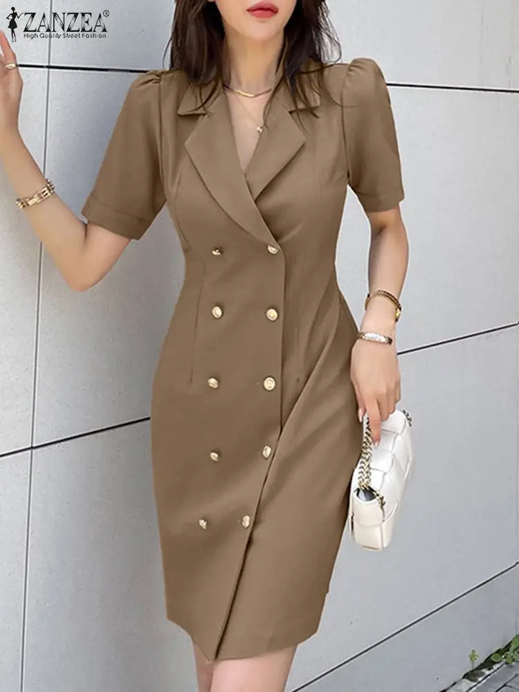 ZANZEA Elegant Office Lady Suit Dresses Korean Fashion Women Cinched Waist Short Sleeve Mini Dress Summer Slim Fit Short Vestido