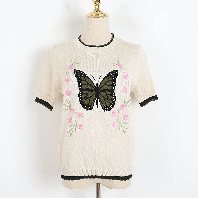 

Butterfly Jacquard Knitted Top 2022 Summer New Korean Embroidered Flower Short-Sleeved T-Shirt Women's Clothing s255