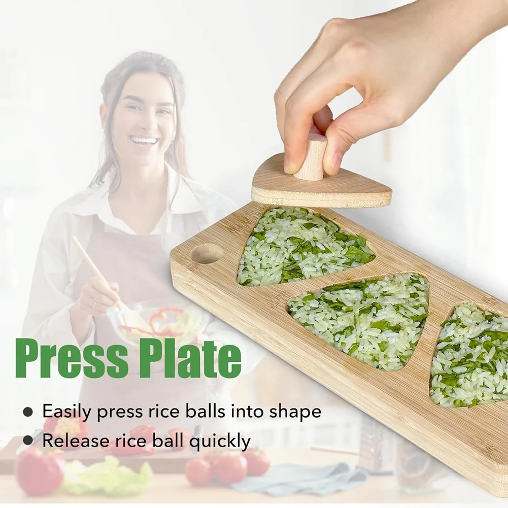 BHBL Bamboo Rice Ball Mold Set, Come with Press Plate Triangle Sushi Mold for Japanese. Musubi Wooden Classic Maker Kids