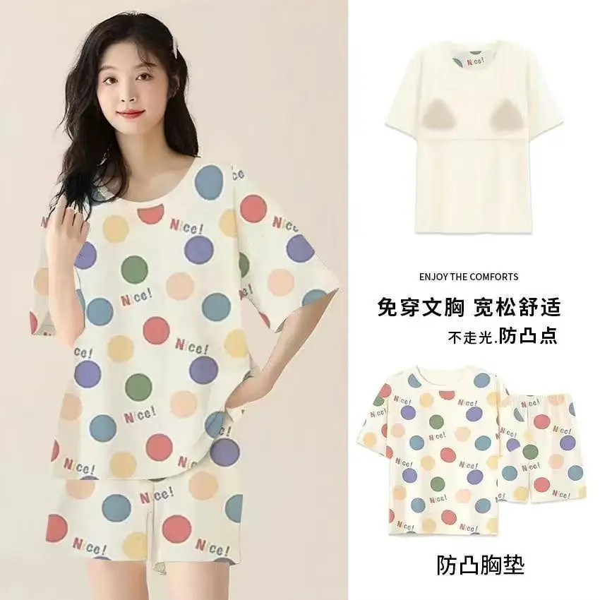 

Women's Cute Cartoon Pajamas Set With Chest Pad Summer Plus Size Short Sleeve Shorts Student Loungewear