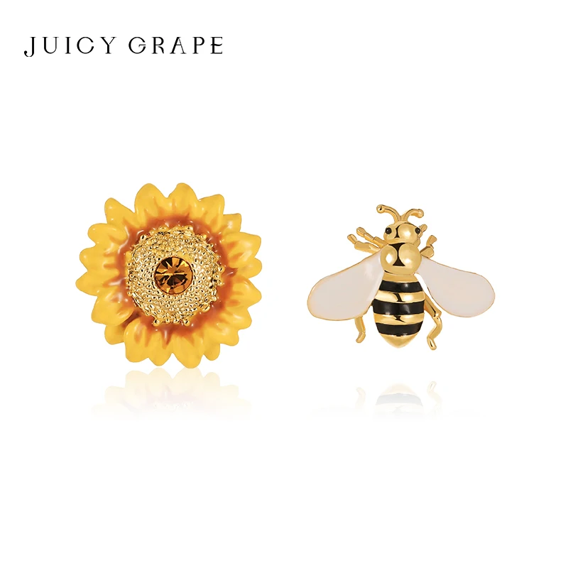 JUICY GRAPE Bee Sunflower Enamel Earrings S925 Sterling Silver Pin Plated 18K Gold Wedding High-end Jewelry Gifts