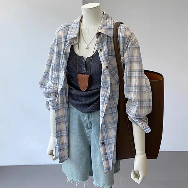 

2026 Women Spring Summer Long Sleeve Plaid Shirt Vintage Oversized Loose Fit Blouse for Woman New Fashion Y2K Checkered Shirts