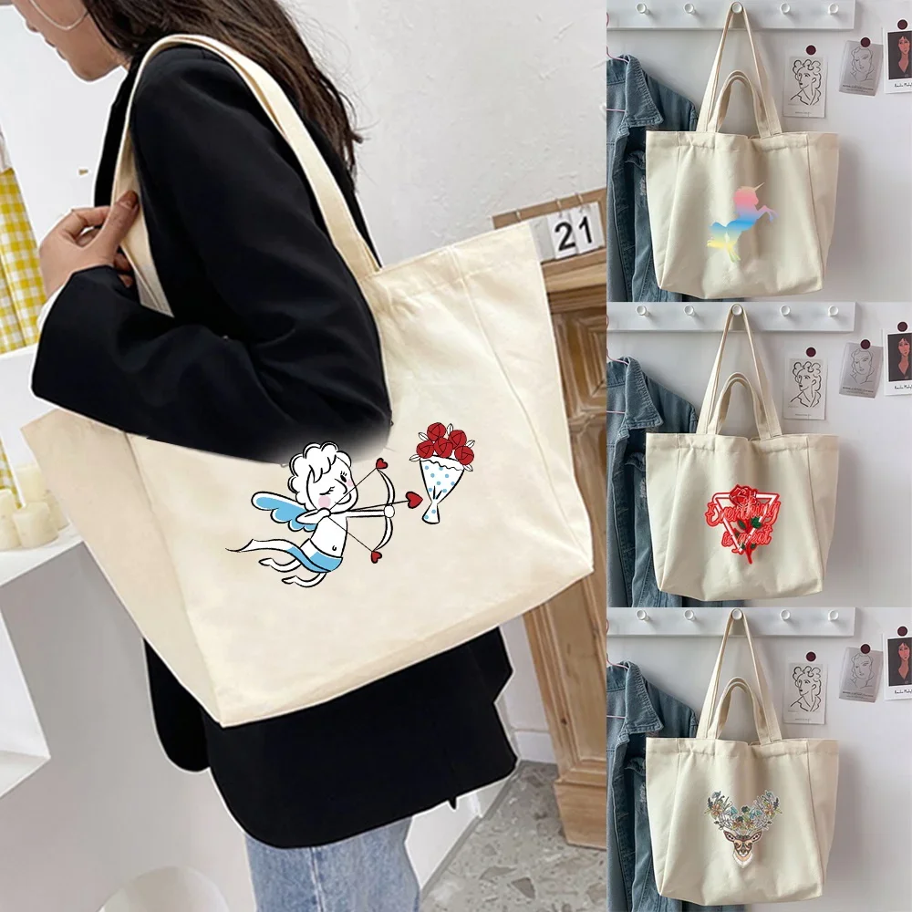 

Japanese Harajuku Color Catoon Printed Handbags Shoulder Bags Casual Shopping Girls Handbag Women Shopper Reusable Canvas Bag